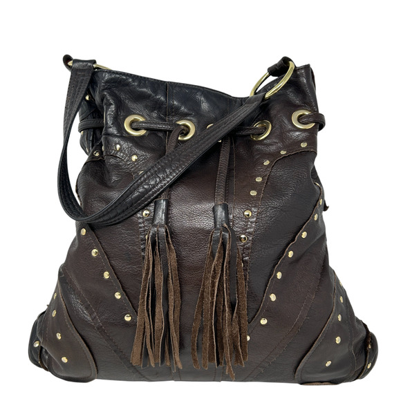 Bulga Brown Leather Studded Bucket Hobo Shoulder Bag Tassel Fringe Boho Hippie - Picture 11 of 16